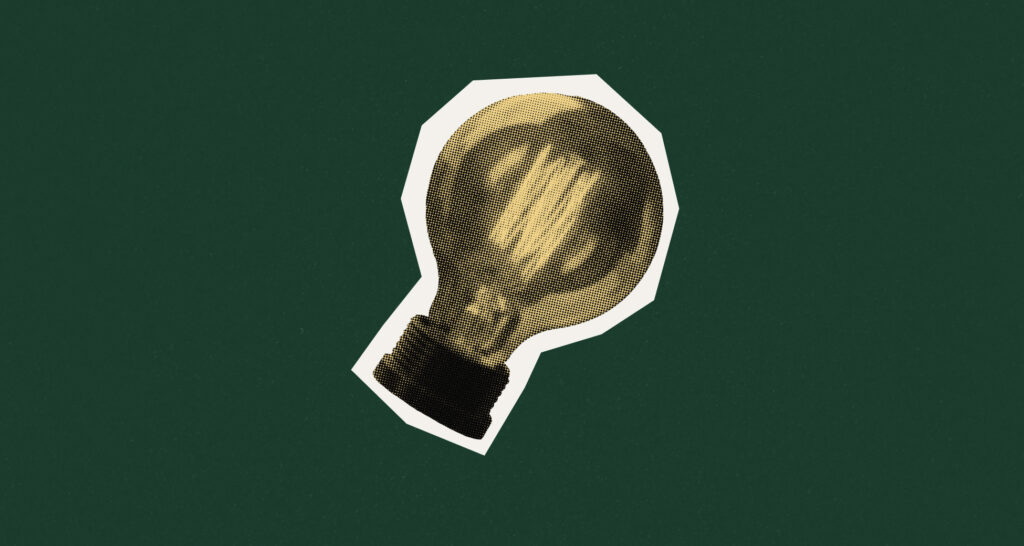 Yellow light bulb floating on a green background symbolizing a brainstorm for fresh thinking.