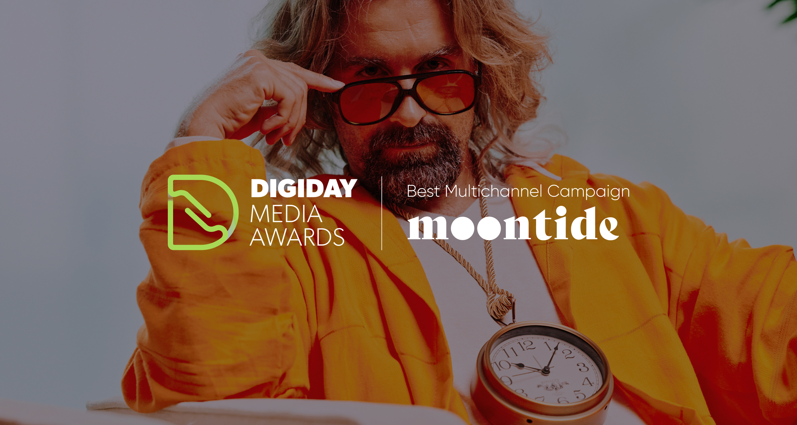 Moontide Takes Home Digiday Media Award for OrangeTwist 1 Digiday Media Awards logo with Moontide Logo and copy that says Best Mulitichannel Campaign over a screenshot of Father Time from the OrangeTwist campaign creative.