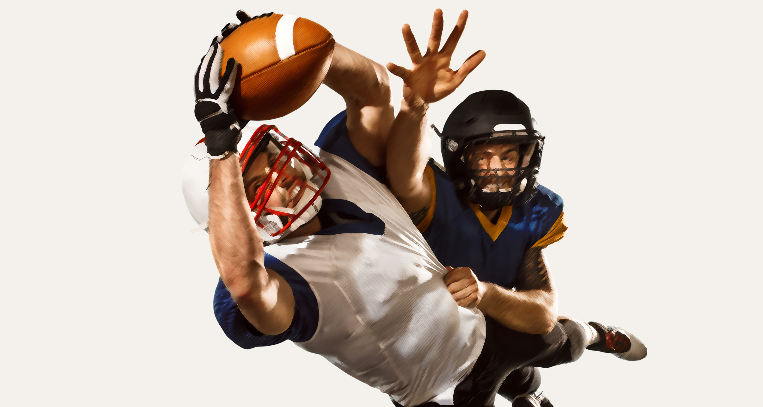 What Fantasy Football Teaches Us About Marketing Attribution Models 1 Two football players collide mid-play as one makes a dramatic catch—symbolizing the strategy and role-playing behind effective marketing attribution models.