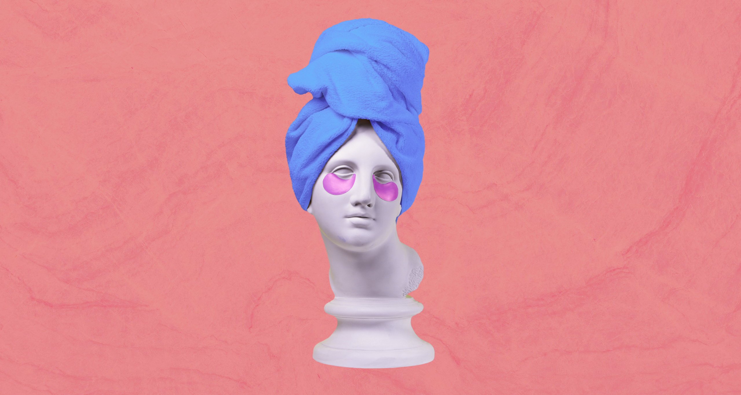 Unfiltered Beauty: Aesthetics Marketing Trends That Actually Convert 1 Modern beauty marketing concept symbolizing the evolution of aesthetics marketing — classical statue with blue towel wrap and pink under-eye patches on a pink backdrop