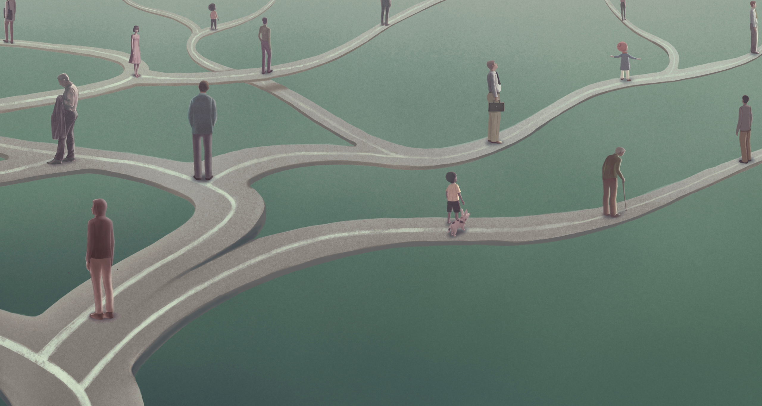 Artistic depiction of people on crossing roads that twist and wind, representing the crossroads of algorithmic creativity and AI ethics