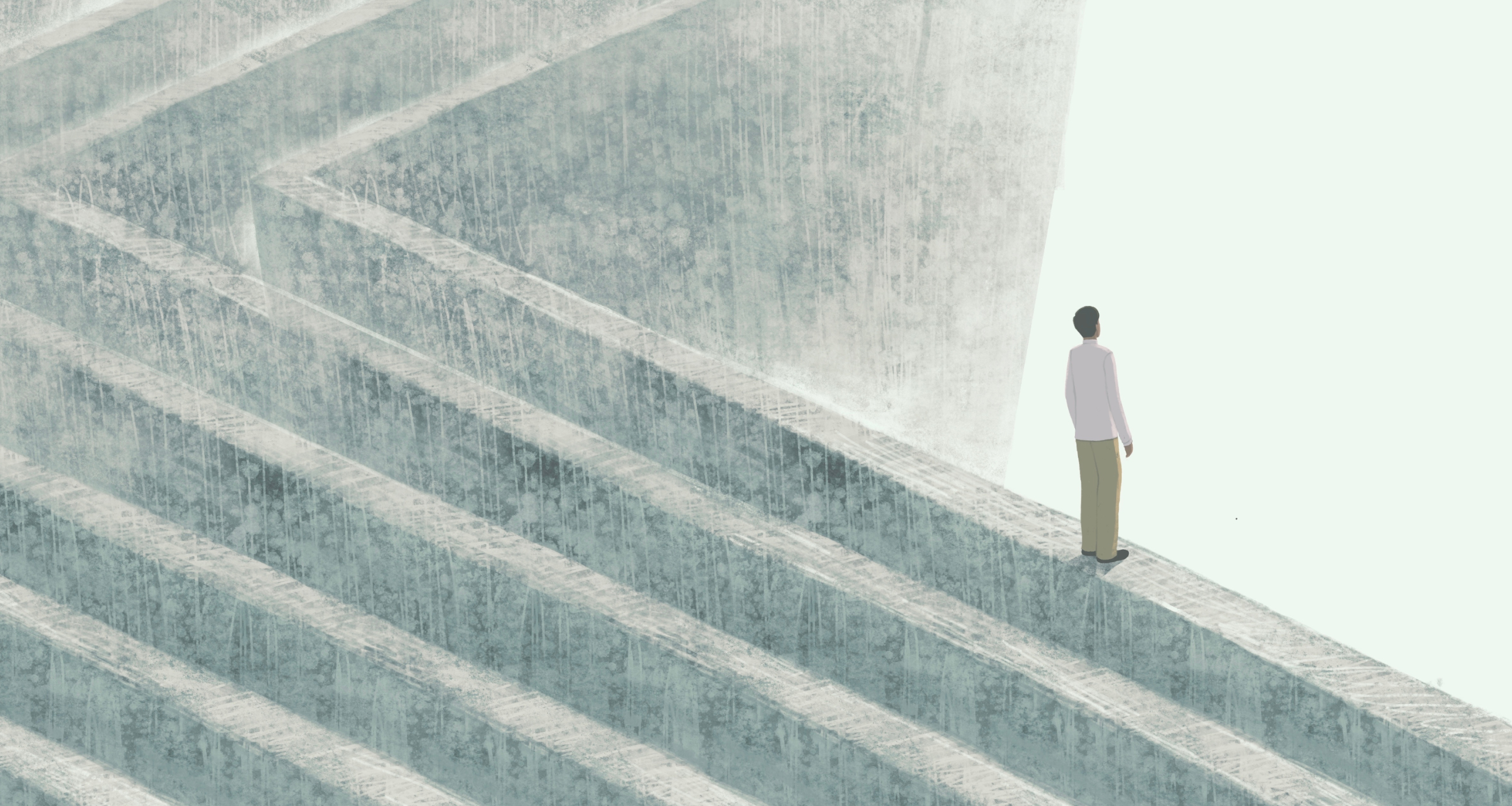 Person standing at the edge of a monumental staircase, symbolizing strategic decision-making, business growth challenges, and the complexity of customer journey mapping and retention.